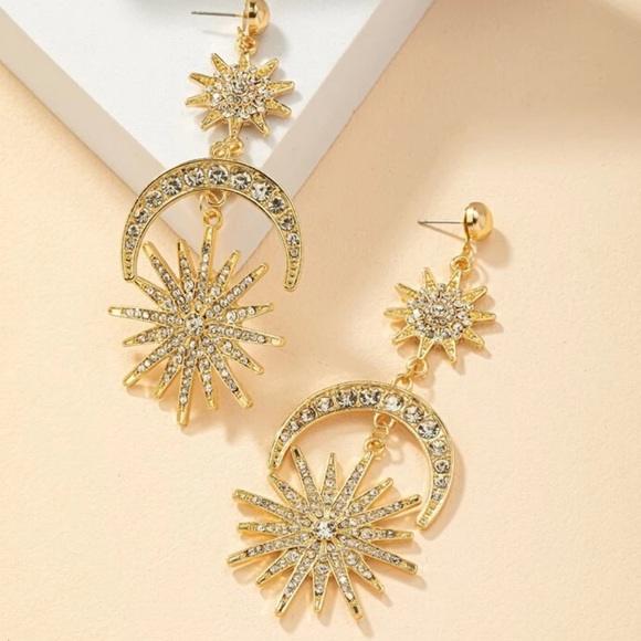 Exaggerated Crescent Moon, Sun & Star Rhinestone Gold Color Celestial Earrings - Picture 3 of 6